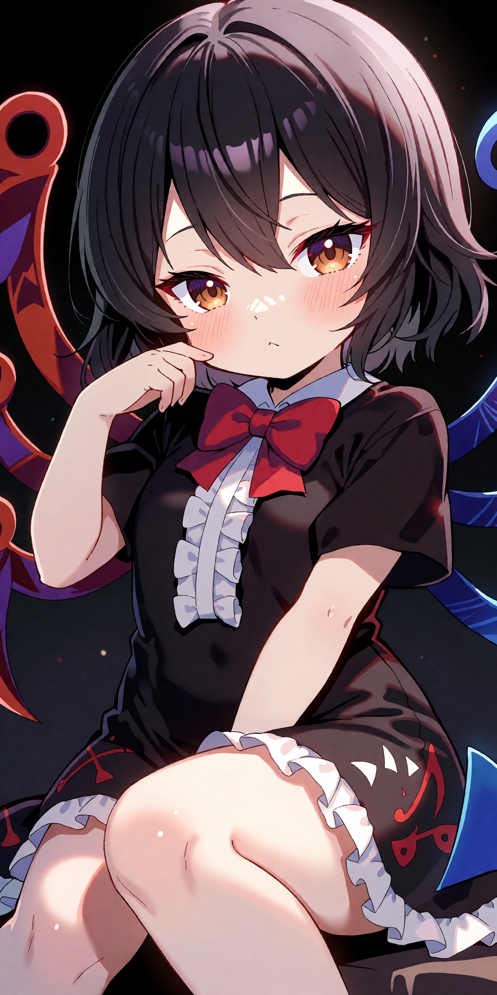 A breathtaking anime masterpiece featuring a chibi Houjuu Nue from Touhou with short black hair,  hair between eyes,  warm...