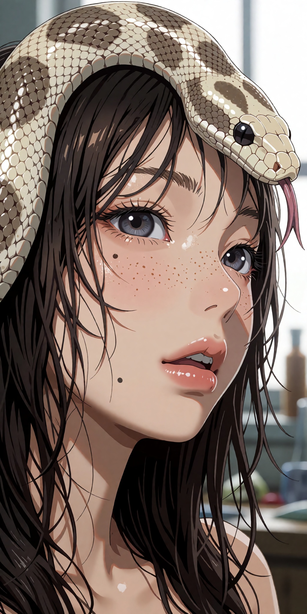 A breathtaking anime masterpiece featuring a young East Asian woman with wet dark brown hair clinging in fine individual s...