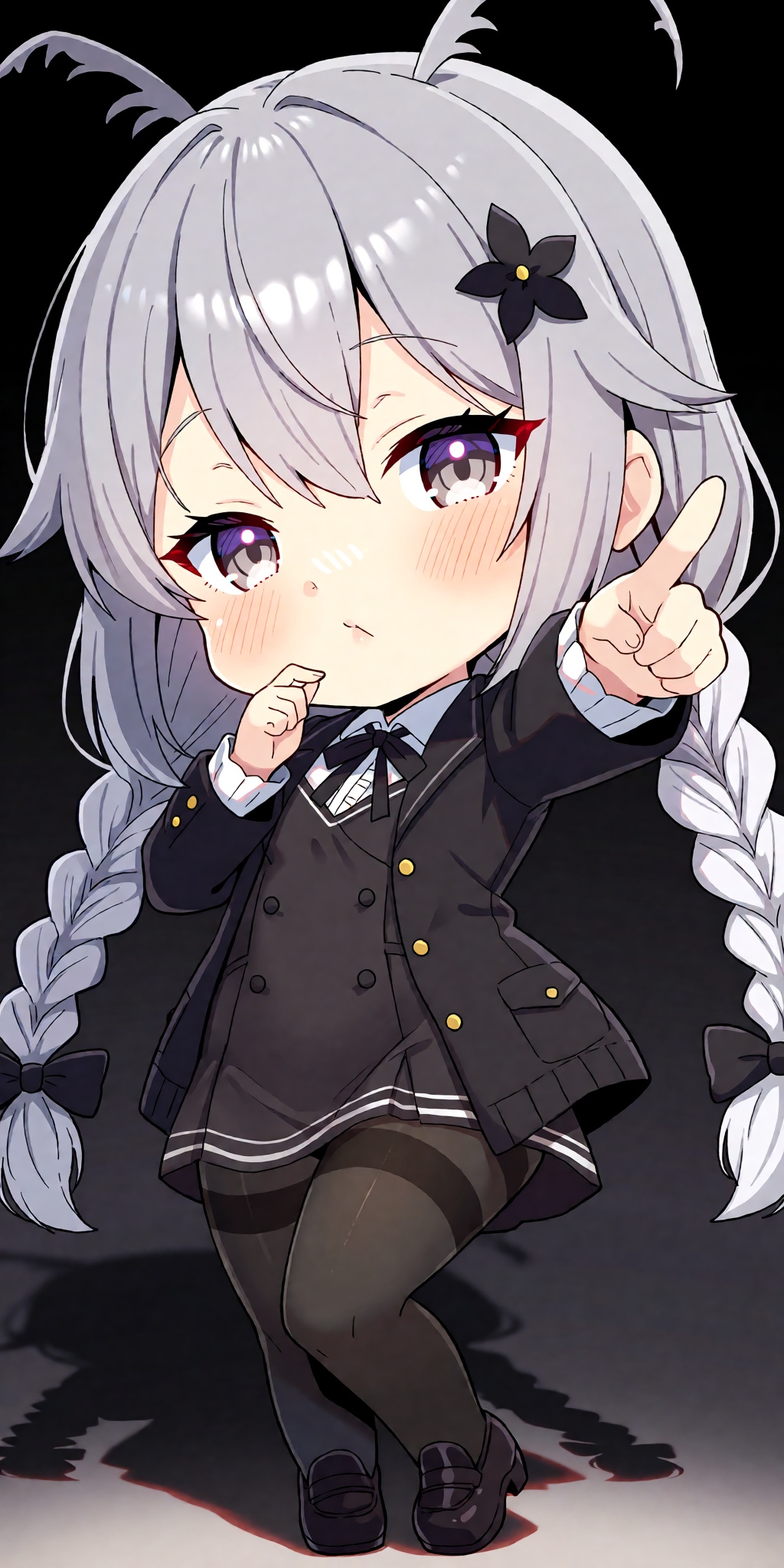 A breathtaking anime masterpiece featuring a chibi Kizuna Akari as a Voiceroid with long grey hair styled in twin braids w...