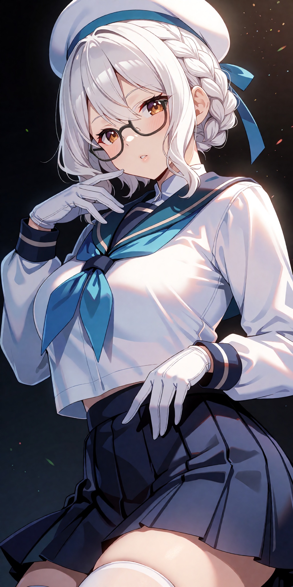 A breathtaking anime masterpiece featuring Hirato from Kantai Collection with short wavy white hair styled in a crown brai...