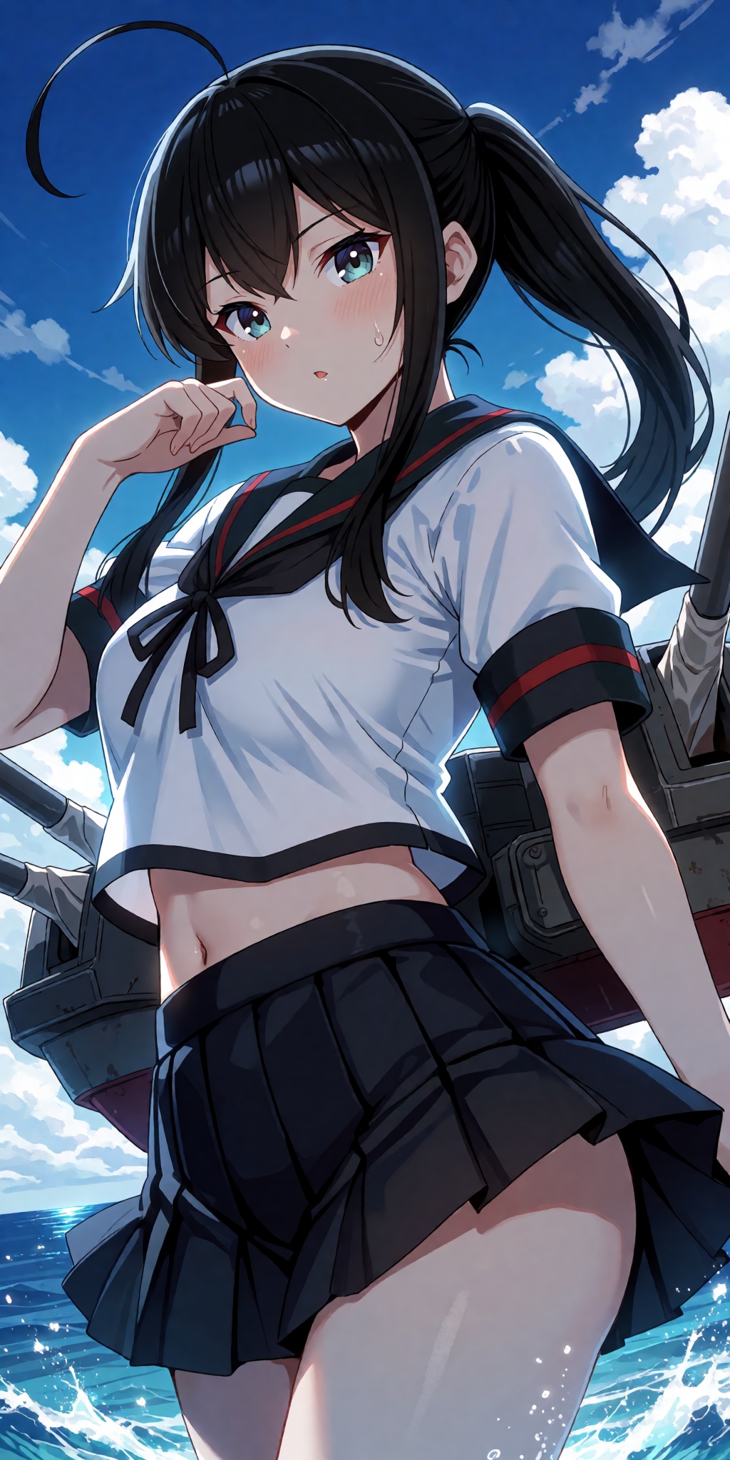 A breathtaking anime masterpiece featuring Kako from Kantai Collection with long black hair styled in a ponytail,  a playf...