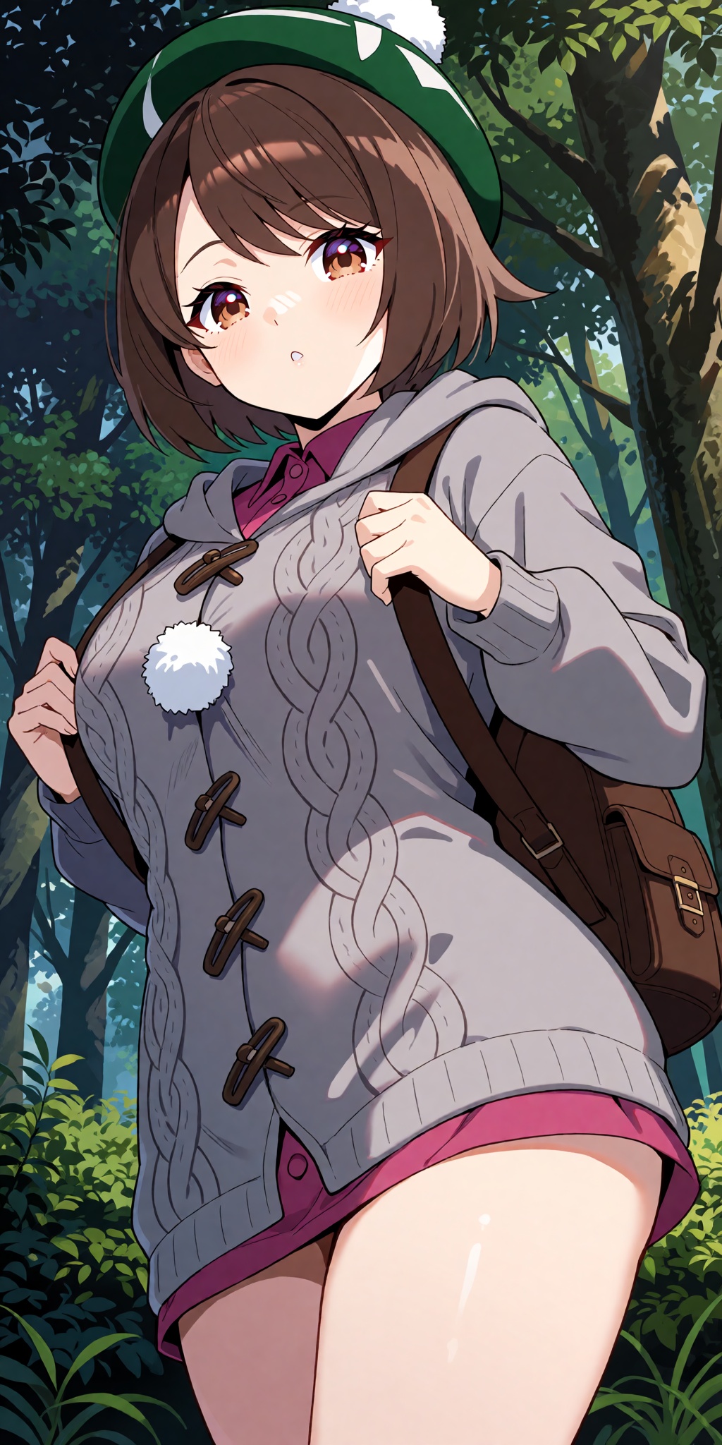 A breathtaking anime masterpiece featuring Gloria from Pokémon Sword and Shield styled as Saika Tsukishiro,  with short br...