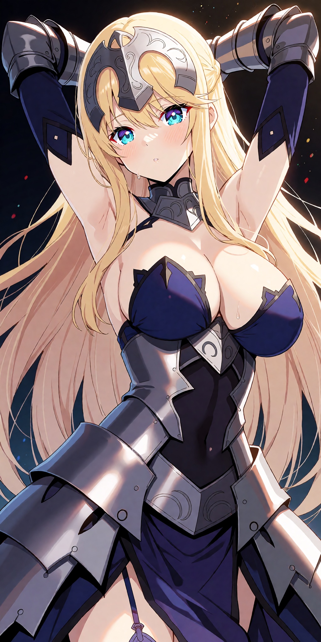 A breathtaking anime masterpiece featuring Ruler from Fate/Apocrypha and Fate/Grand Order with long blonde hair,  striking...
