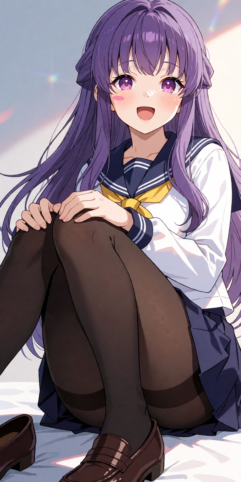 A breathtaking masterpiece anime portrait of Hinata Yukari captured from a dynamic low-angle three-quarters perspective. S...
