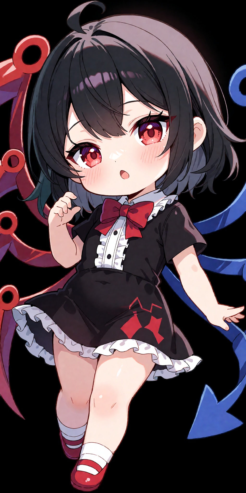 A breathtaking anime masterpiece featuring a chibi Houjuu Nue from Touhou with short black hair,  a playful ahoge,  vibran...