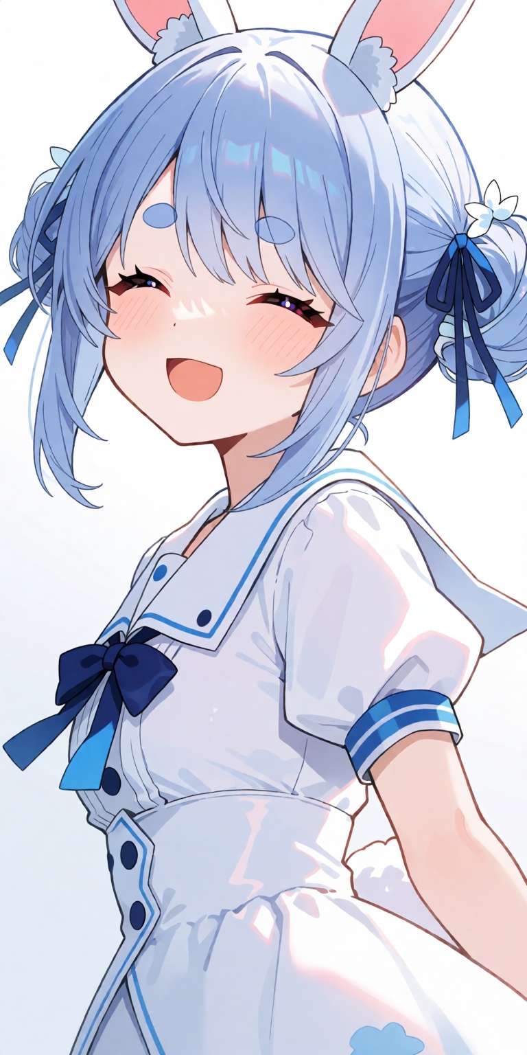 A breathtaking masterpiece anime portrait of Usada Pekora in a charming chibi style,  captured from a dynamic low-angle th...