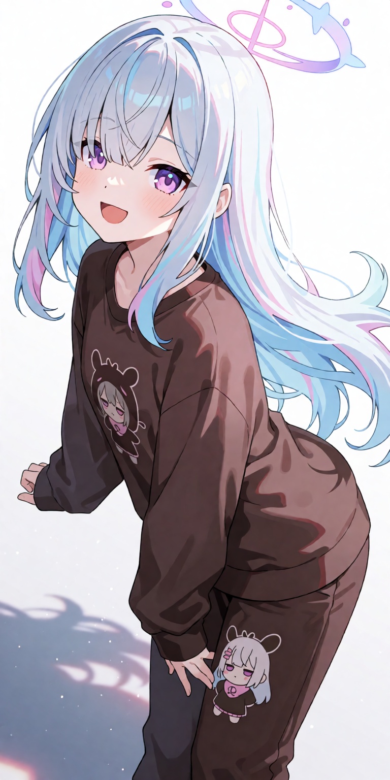 A breathtaking masterpiece full-body anime illustration of Amane Kanata captured from a dynamic low-angle three-quarters p...