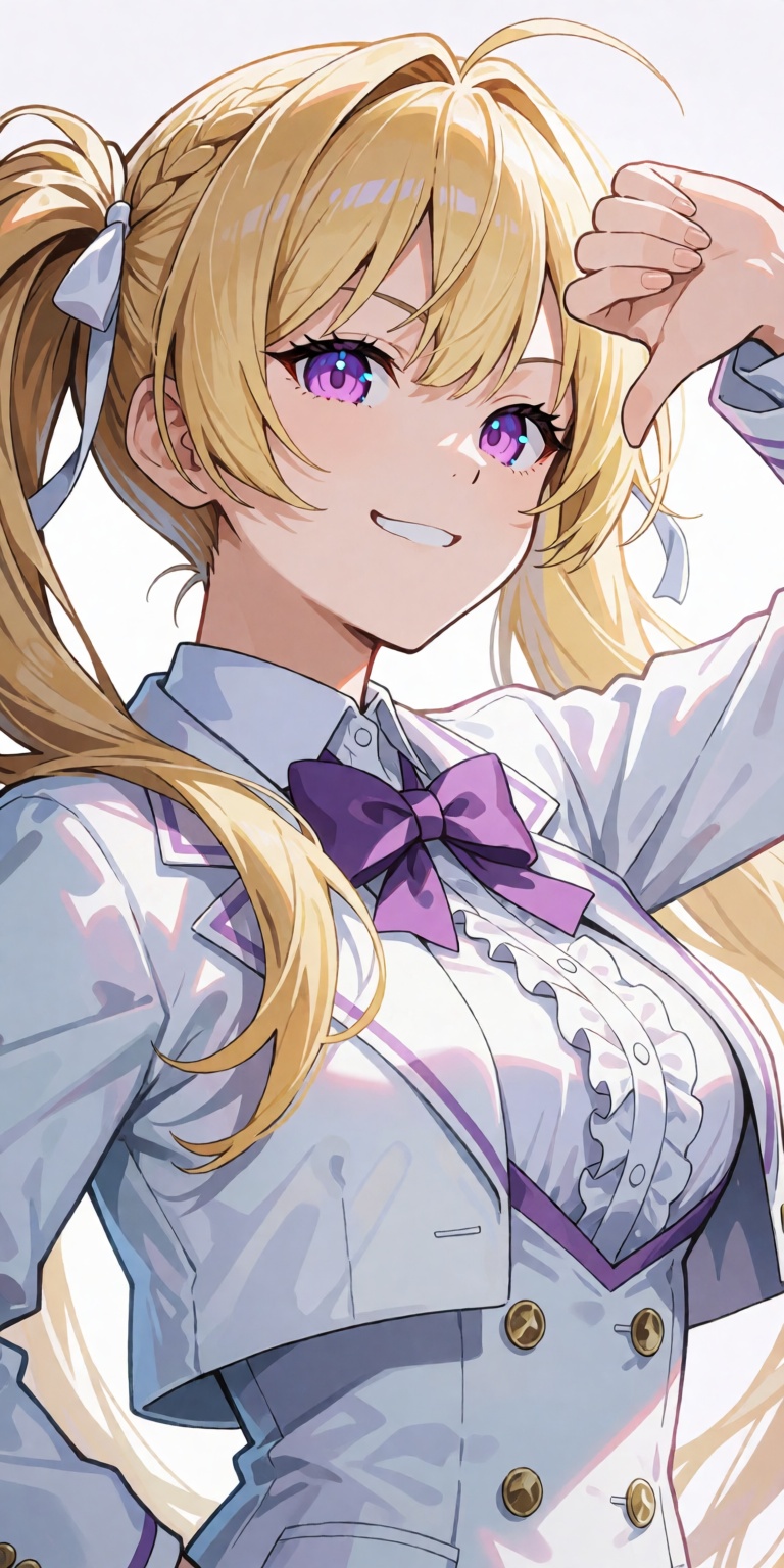 A breathtaking masterpiece anime portrait of Takamiya Rion captured from a dynamic low-angle three-quarters perspective. S...