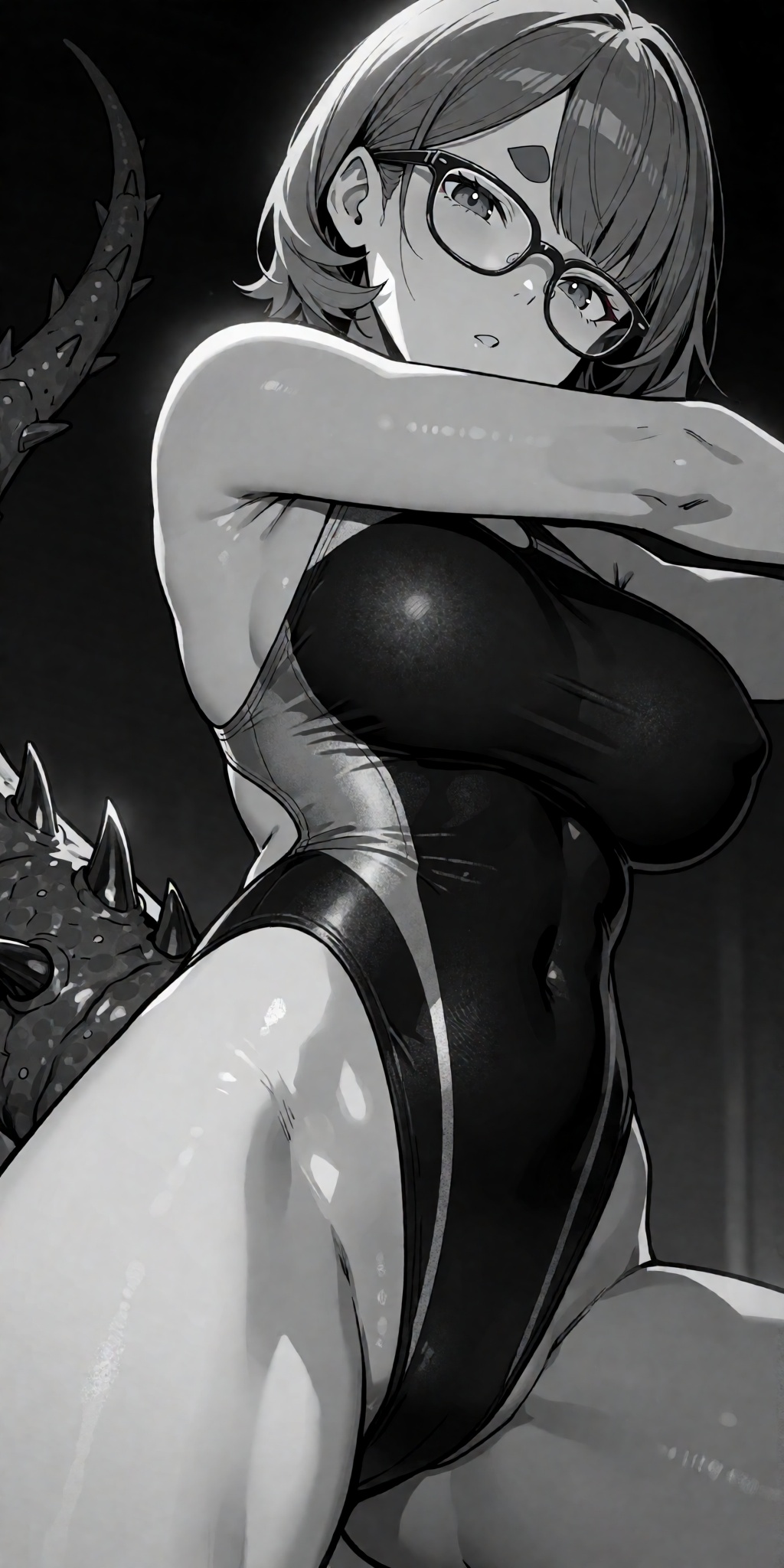 A breathtaking anime masterpiece featuring an original monster girl character in greyscale monochrome with short hair,  di...