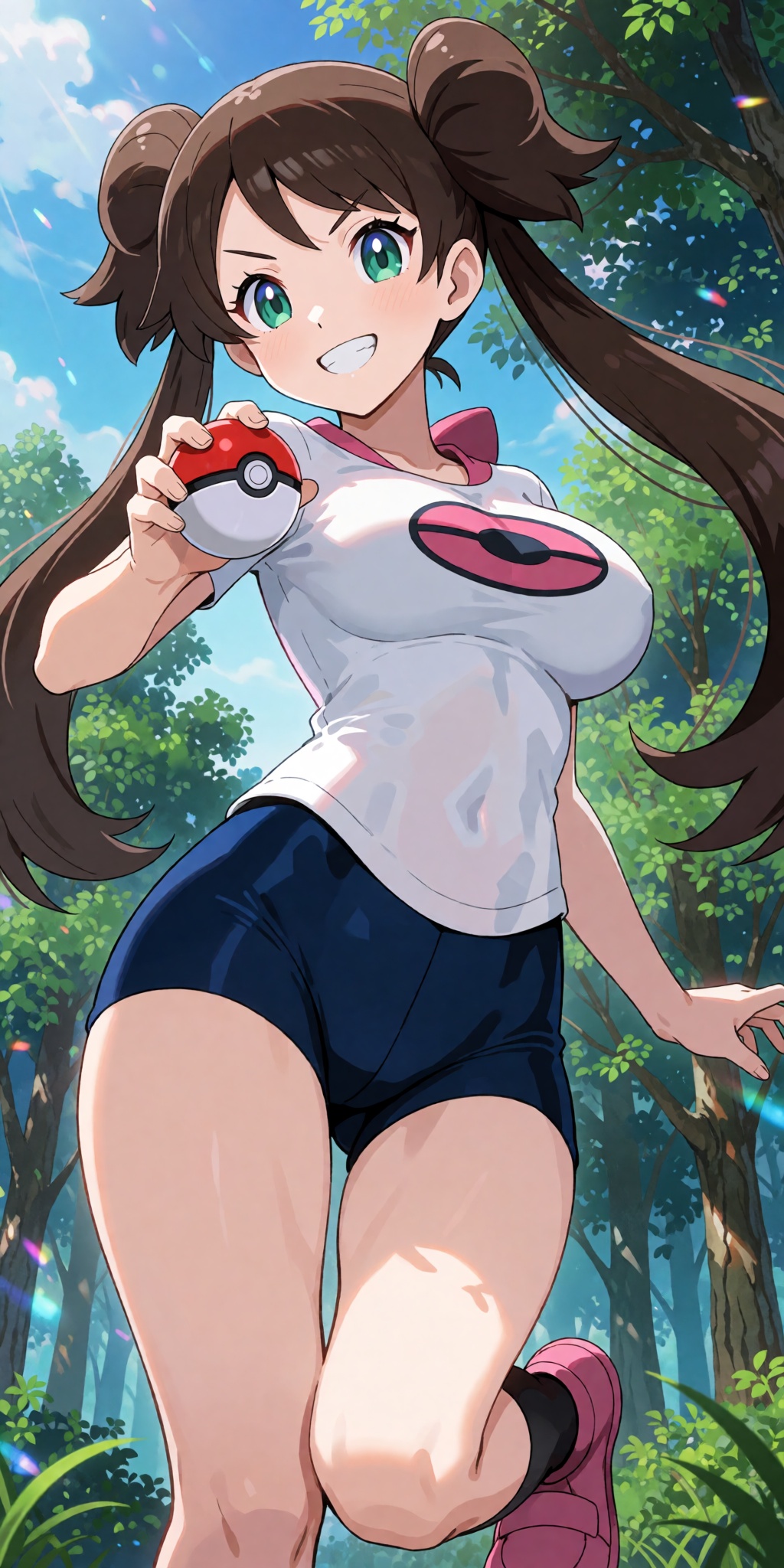 A breathtaking anime masterpiece featuring Shauna from Pokémon X and Y styled as Saika Tsukishiro,  with long brown hair i...