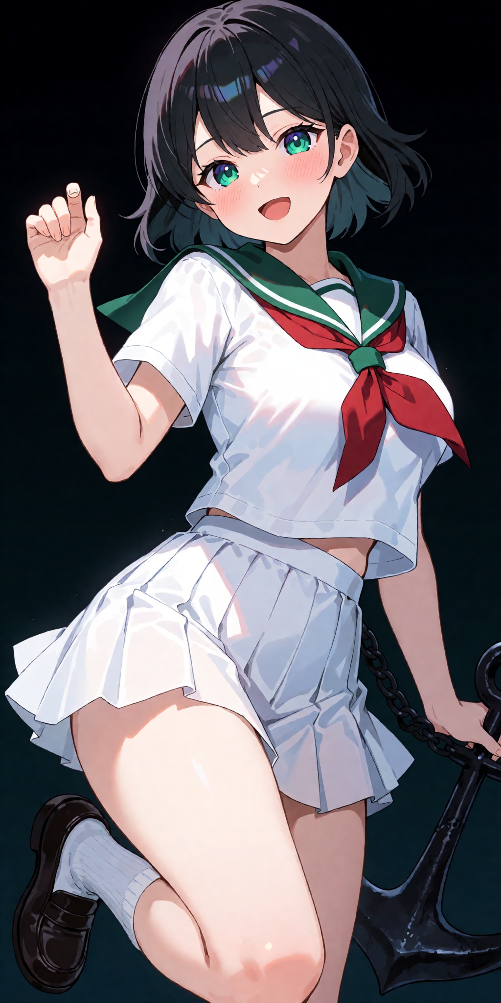 A breathtaking anime masterpiece featuring Murasa Minamitsu from Touhou with short black hair,  vibrant green eyes,  a sof...