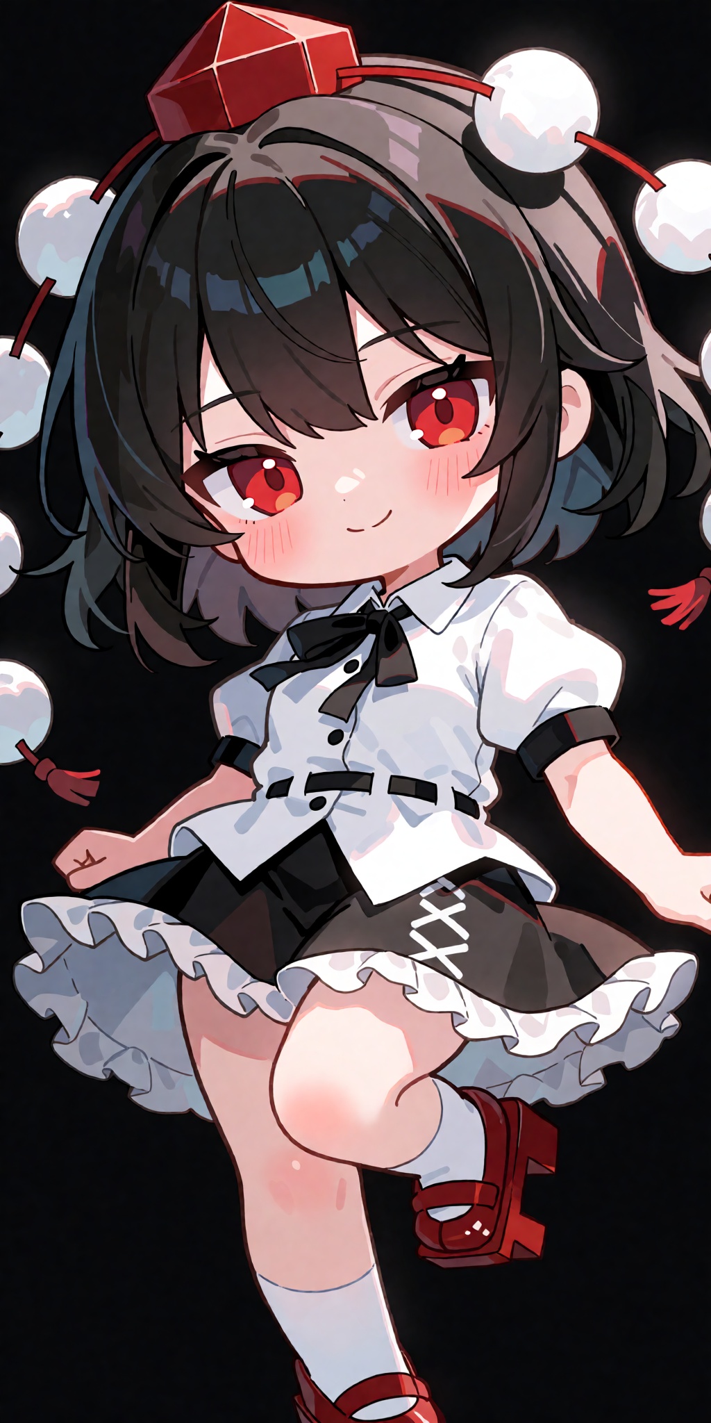 A breathtaking anime masterpiece featuring a chibi Shameimaru Aya from Touhou with short black hair,  hair between eyes,...