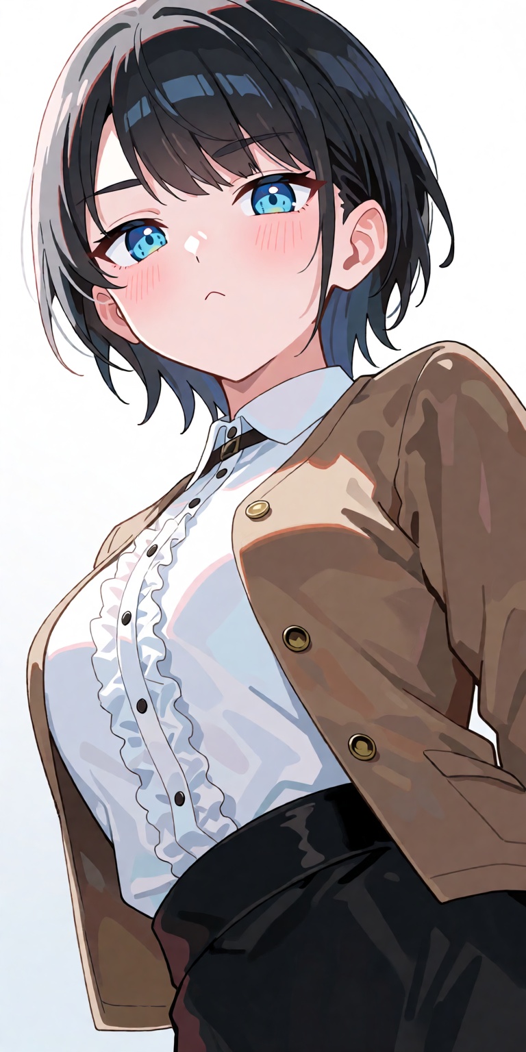 A breathtaking masterpiece anime portrait of Oozora Subaru captured from a dynamic low-angle three-quarters perspective. S...