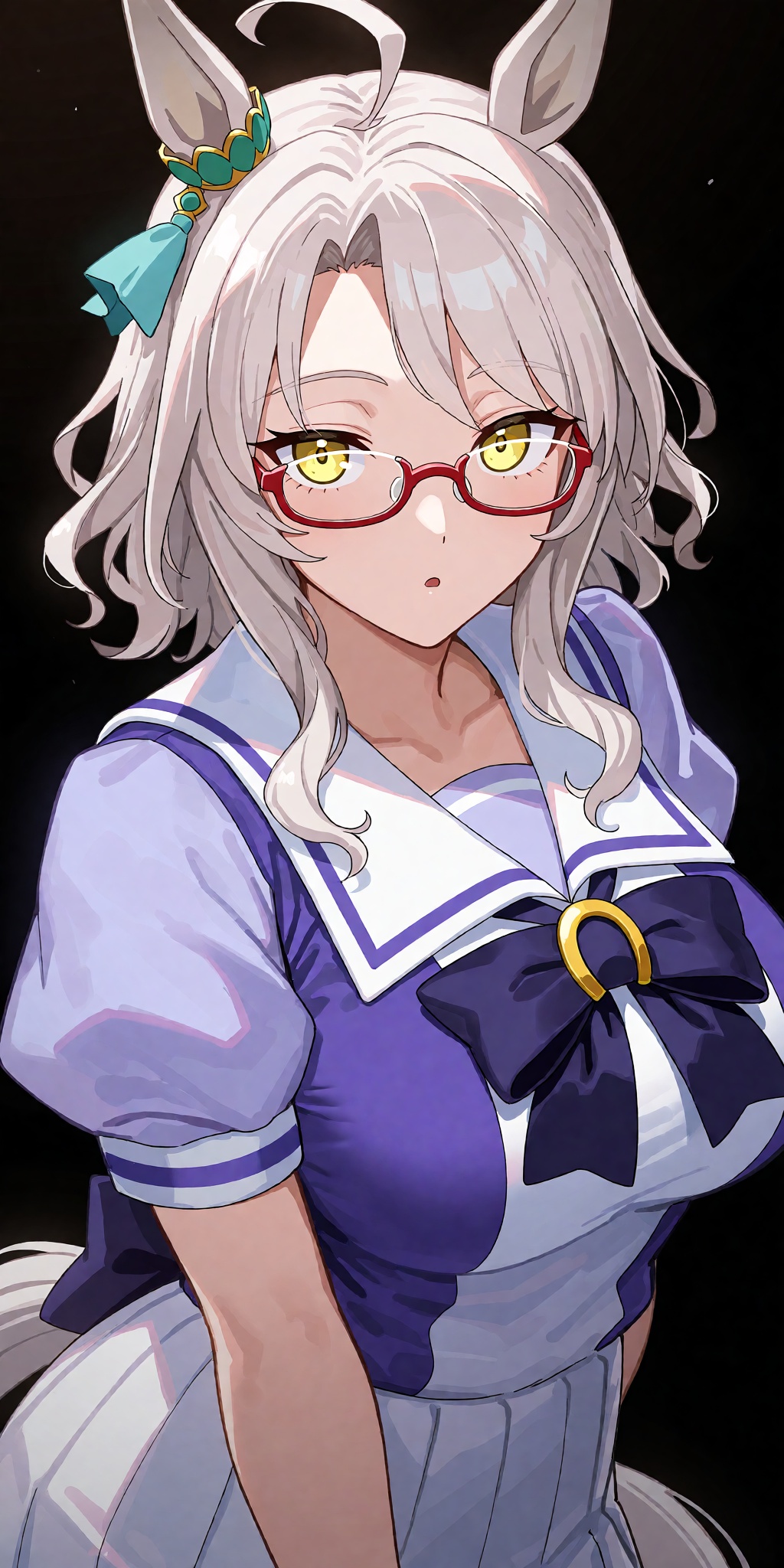 A breathtaking anime masterpiece featuring Biwa Hayahide from Umamusume with wavy grey hair,  horse ears,  a playful ahoge...