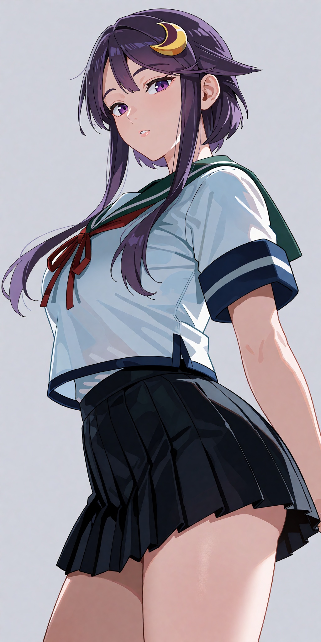 A breathtaking anime masterpiece featuring Yayoi from Kantai Collection with short purple hair featuring long side locks,...