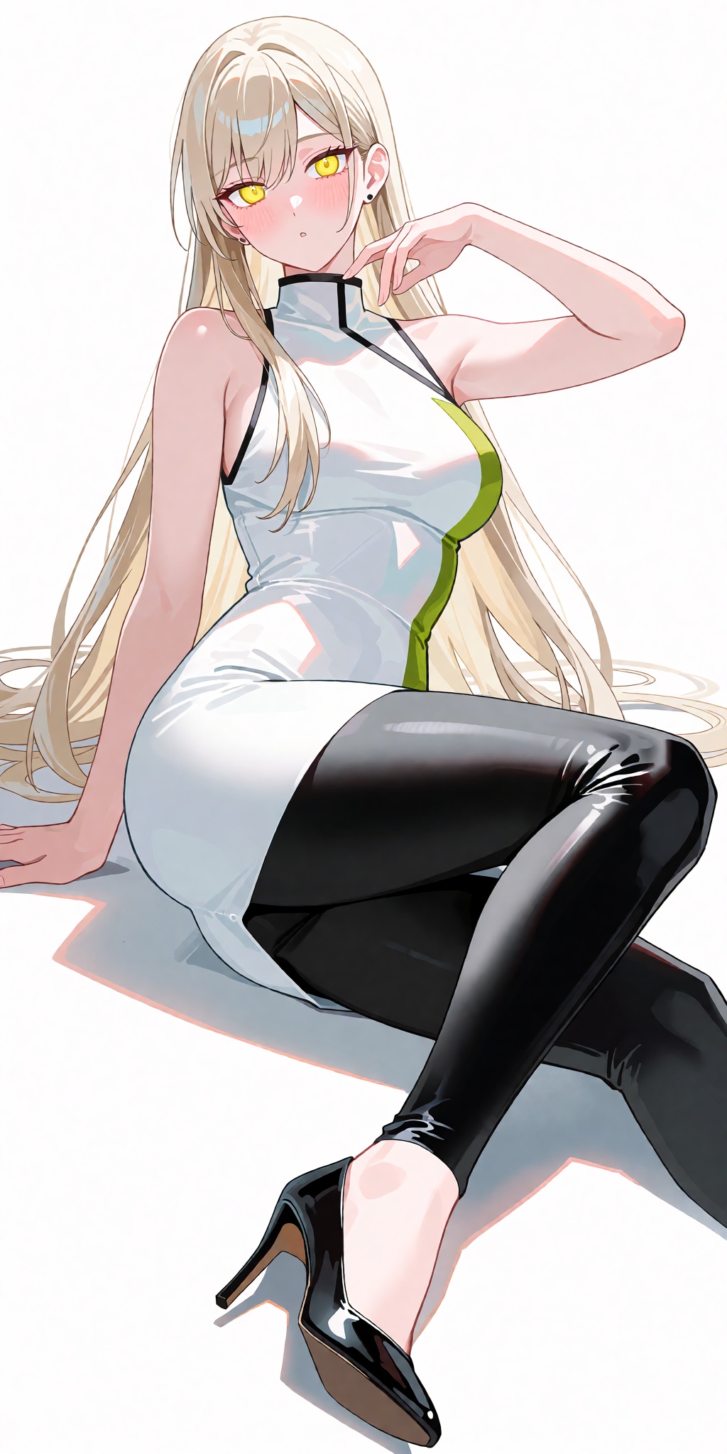 A breathtaking anime masterpiece featuring a slender female character with long,  straight,  flowing blonde hair on Tensor...