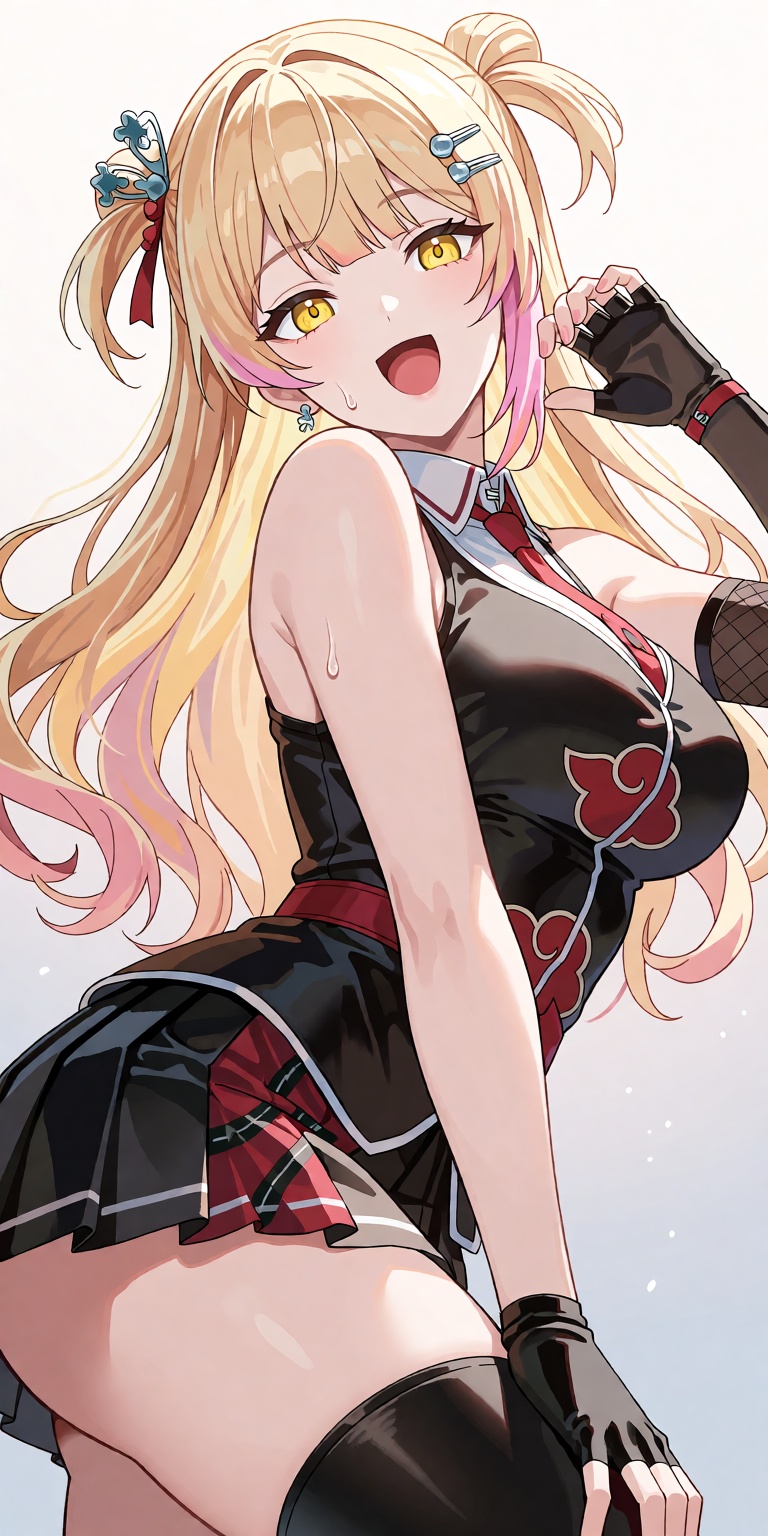 A breathtaking masterpiece anime portrait of Akatsuki Uni captured from a dynamic low-angle three-quarters perspective. Sh...