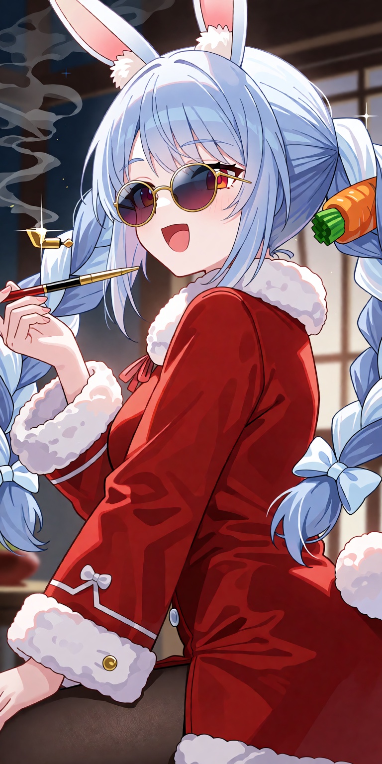 A breathtaking masterpiece anime chibi illustration of Usada Pekora captured from a dynamic low-angle three-quarters persp...