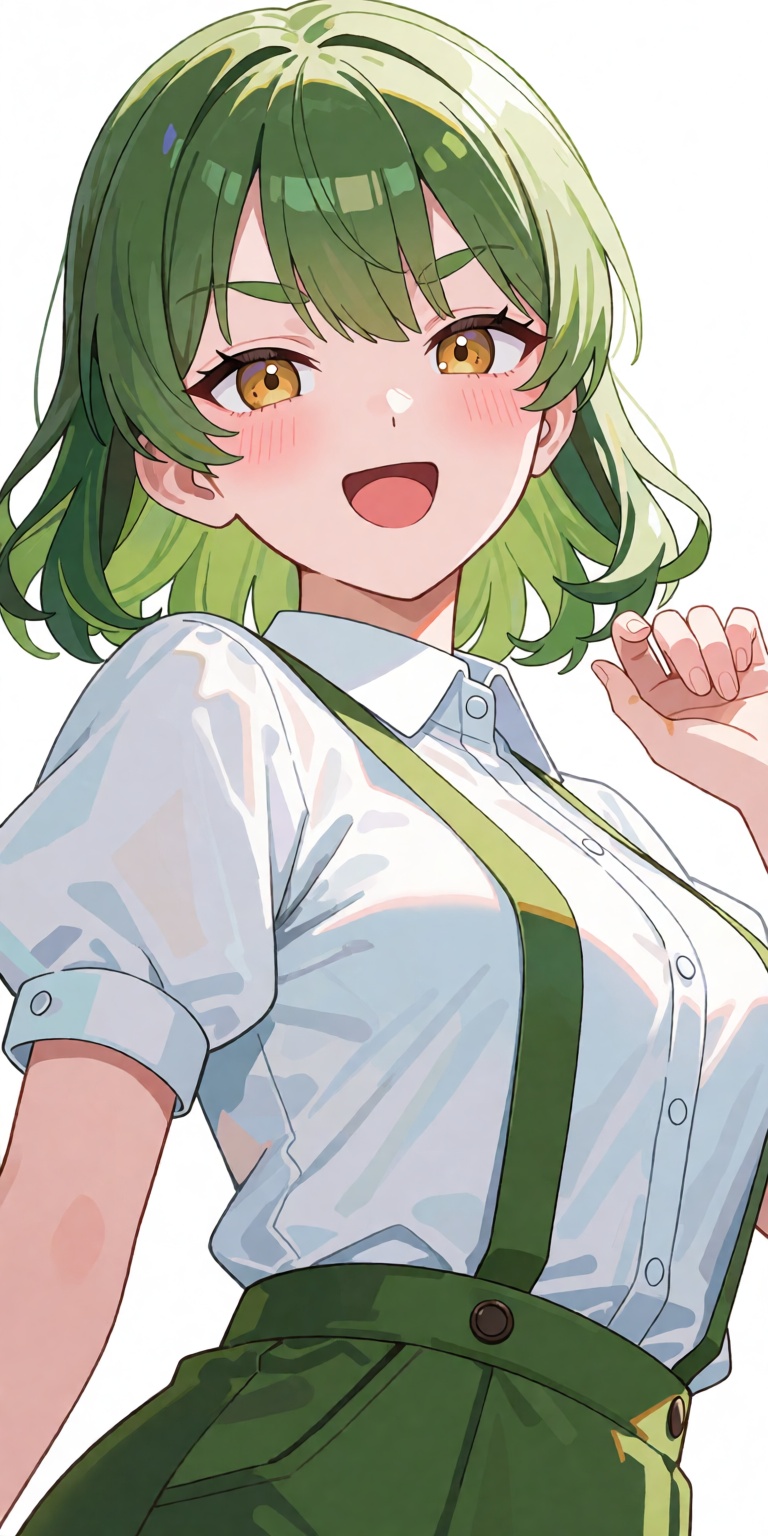 A breathtaking masterpiece anime portrait captured from a dynamic low-angle three-quarters perspective. She strikes a play...