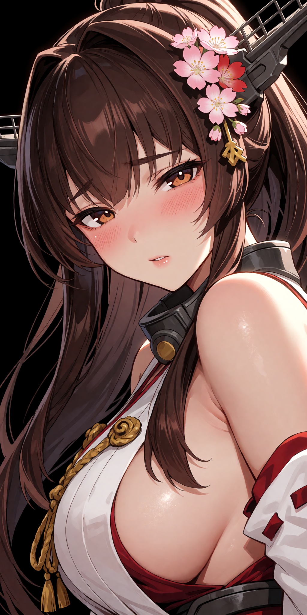 A breathtaking anime masterpiece featuring Yamato from Kantai Collection in an intimate close-up,  with long brown hair,...