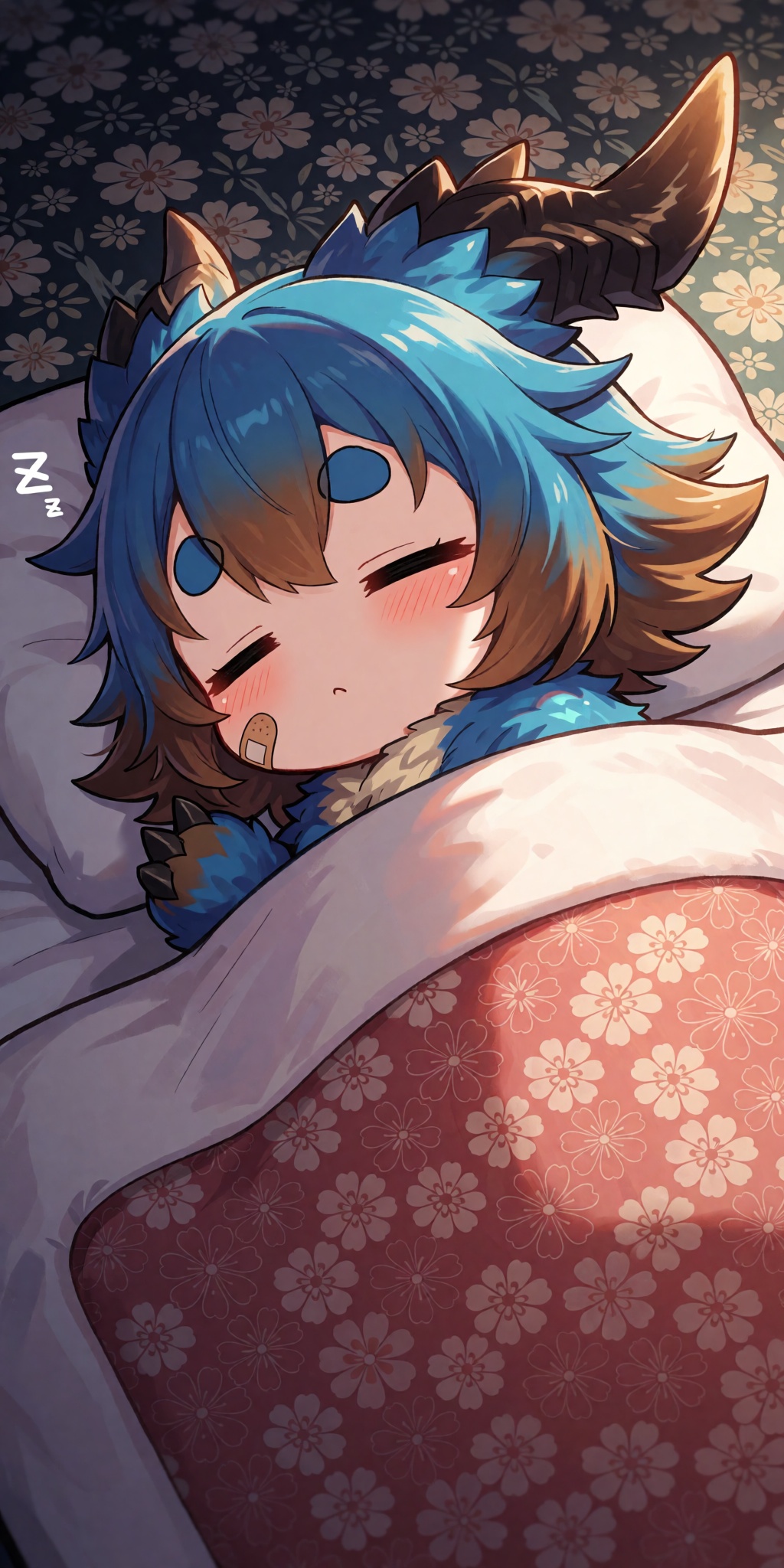 A breathtaking anime masterpiece featuring a sleeping chibi monster personification of Arzuros from Monster Hunter,  nestl...