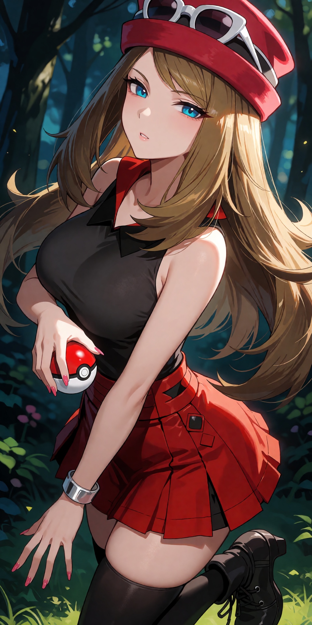 A breathtaking anime masterpiece featuring Serena from Pokémon X and Y styled as Saika Tsukishiro,  with very long floatin...