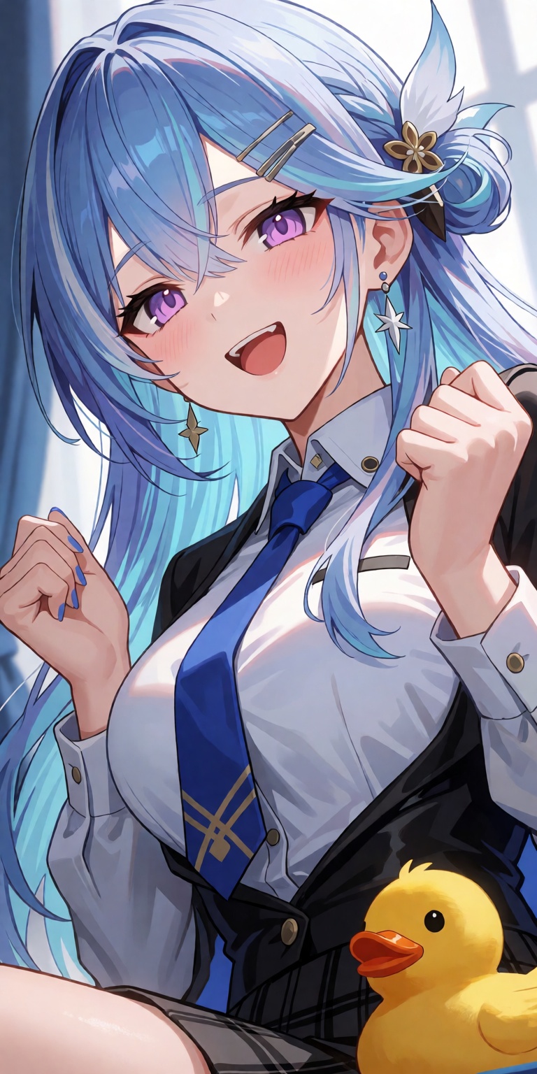 A breathtaking masterpiece anime illustration of Lize Helesta from Nijisanji captured from a dynamic low-angle three-quart...