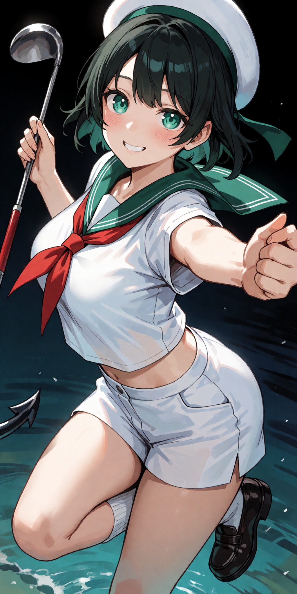 A breathtaking anime masterpiece featuring Murasa Minamitsu from Touhou with short black hair,  vibrant green eyes,  a che...