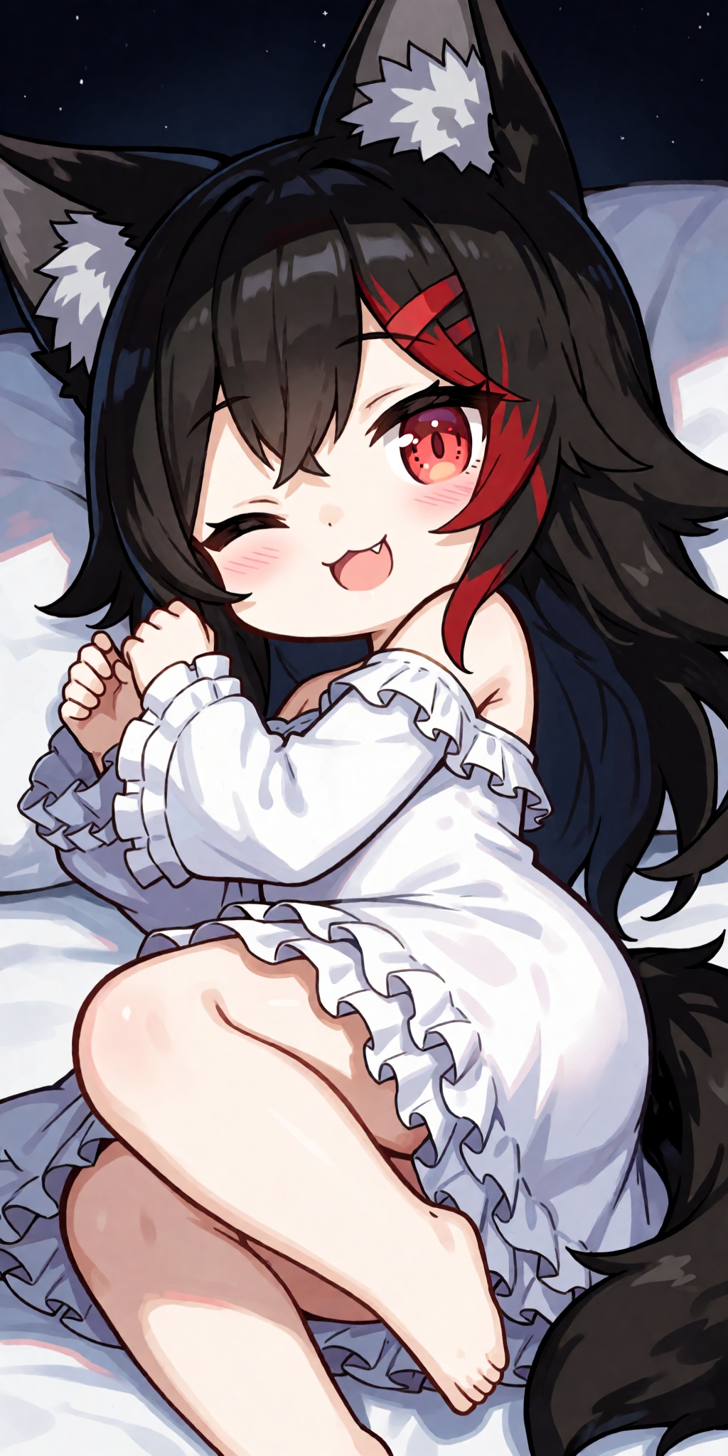 A breathtaking anime masterpiece featuring Imaizumi Kagerou as an adorable wolf girl from Touhou,  with very long black ha...
