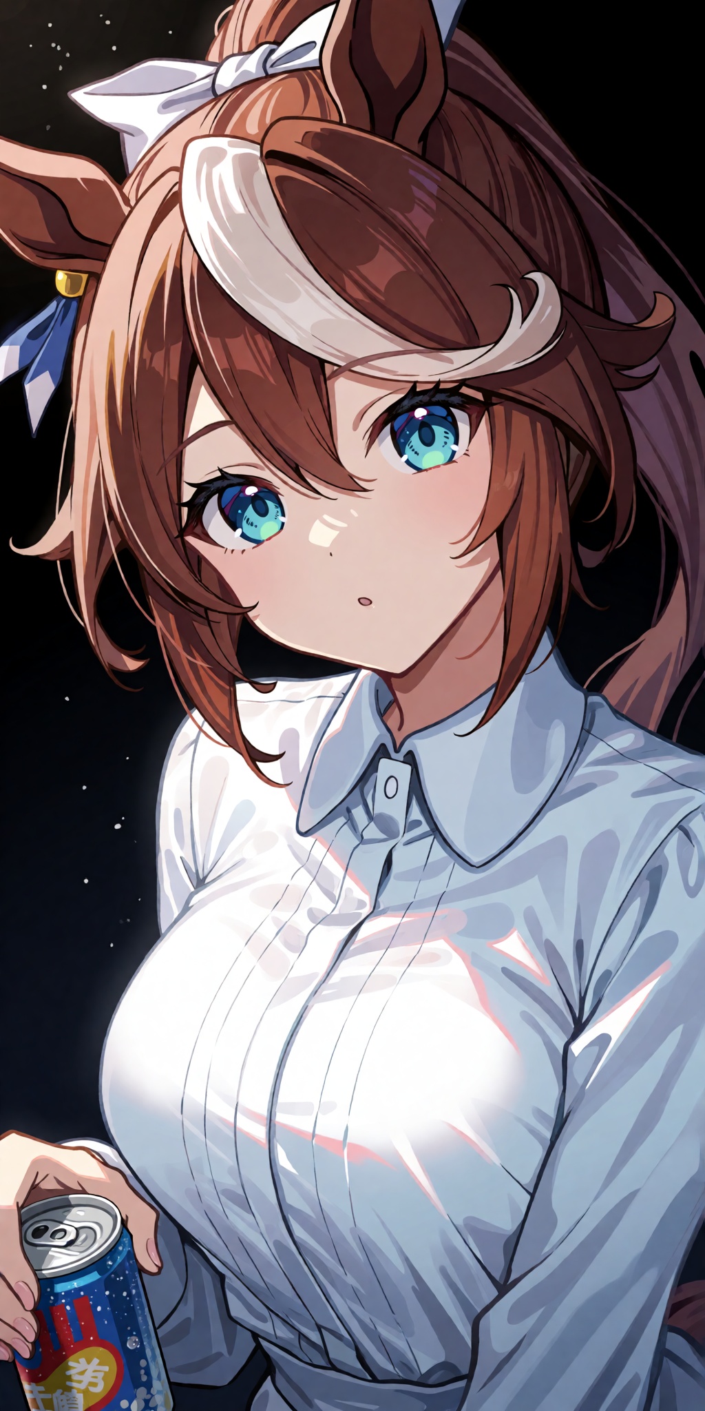 A breathtaking anime masterpiece featuring Tokai Teio from Umamusume with long multicolored streaked hair blending white a...