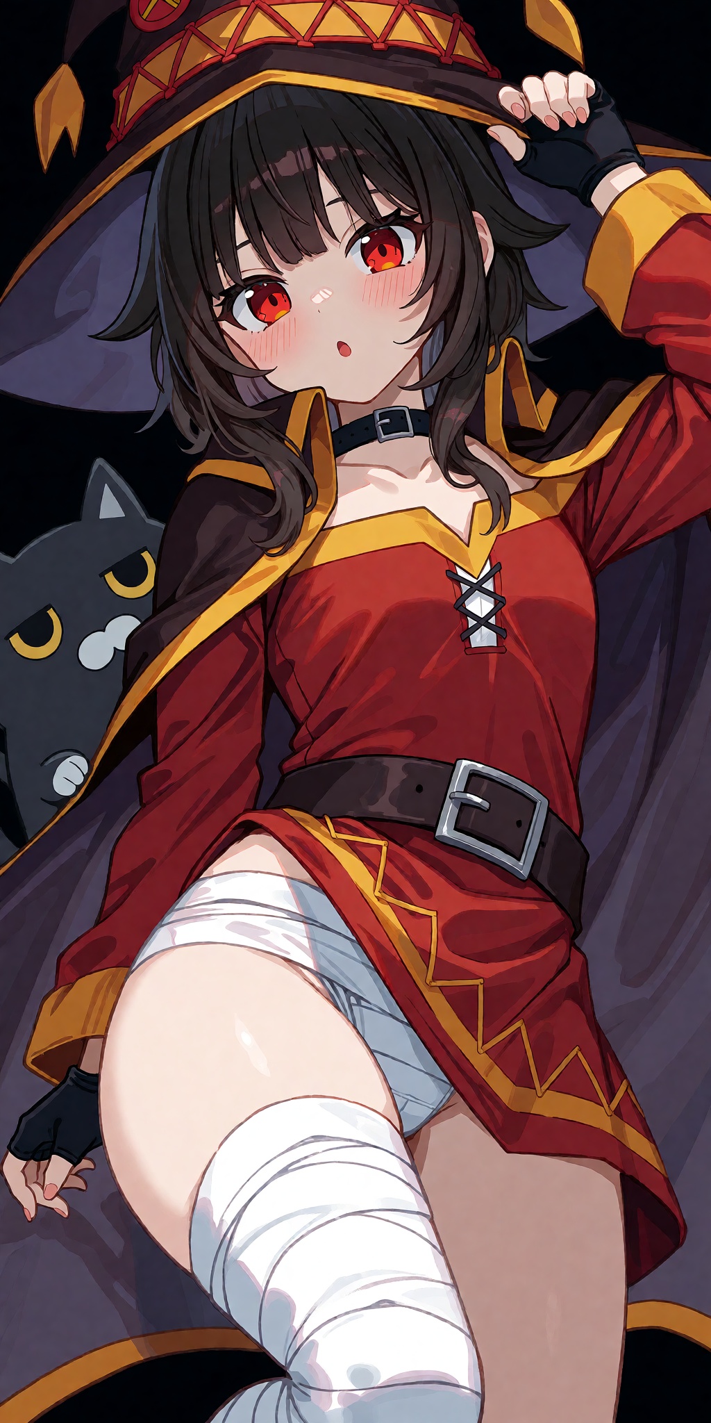 A breathtaking anime masterpiece featuring Megumin from KonoSuba with short black hair,  vibrant red eyes,  button-like ey...