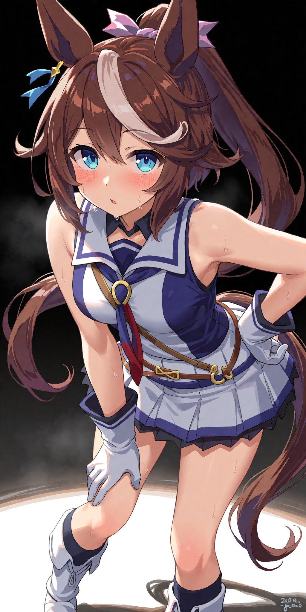 A breathtaking anime masterpiece featuring Tokai Teio from Umamusume with long multicolored streaked hair blending white a...