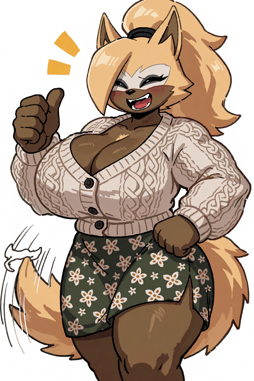 A cheerful muscular Anthro Furry Whisper with massive breasts wearing a cozy knitted cardigan and floral skirt,  giving an...