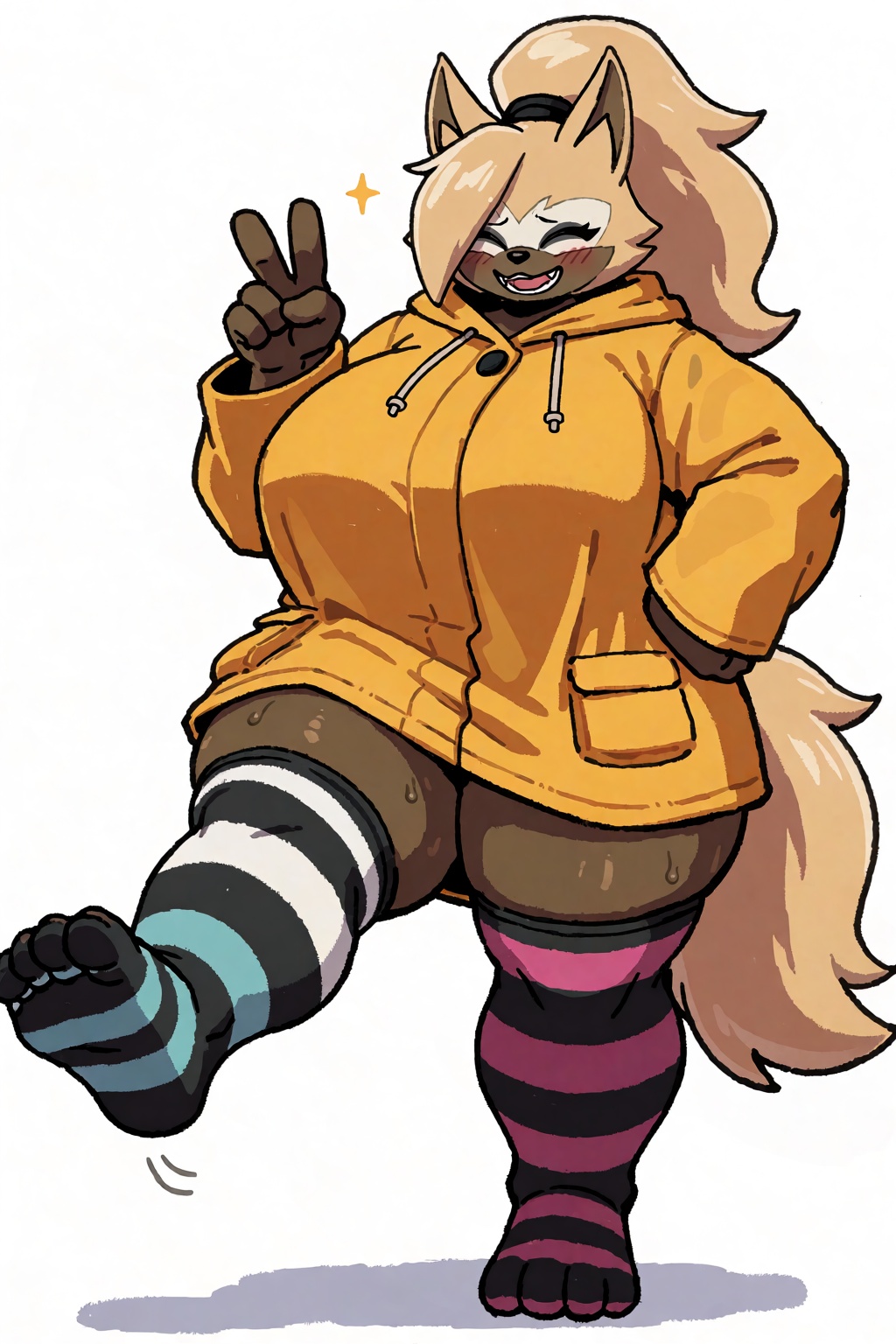 A cheerful muscular Anthro Furry Whisper with massive breasts wearing an oversized mustard-yellow raincoat and mismatched...