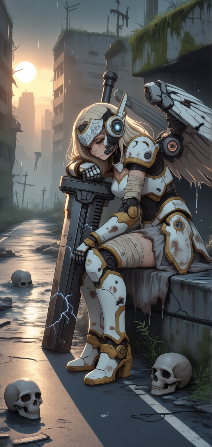 A towering,  fallen angel-themed mecha maiden sits on a desolate road,  leaning heavily on her massive on Tensor.Art