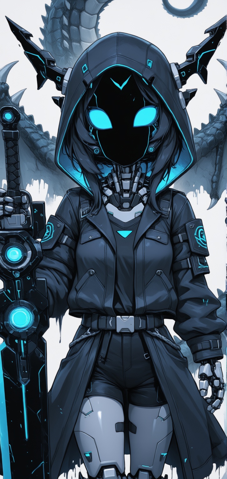 The girl abandoned horror mecha with (black blue cool style),  cyber engine headset,  epic black mask on Tensor.Art