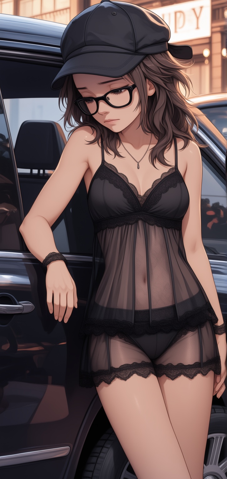 A young ***** woman with long tousled hair,  wearing black glasses and a black snapback cap,  dressed in a stylish on Tens...