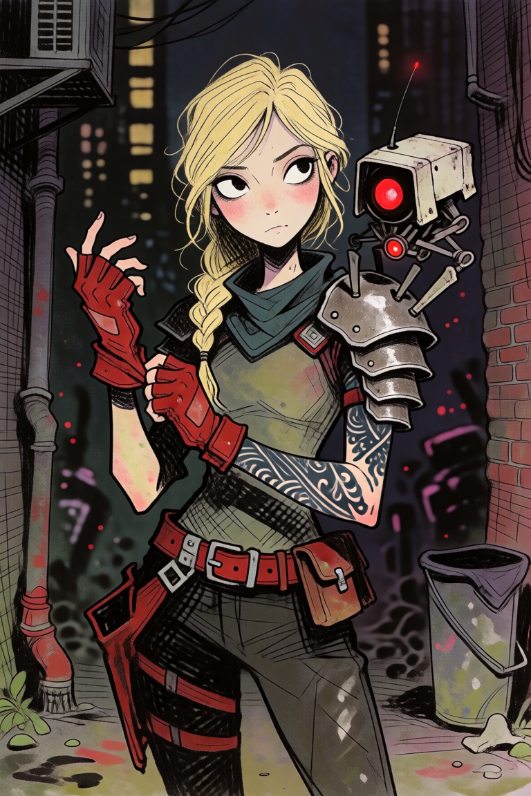A blonde warrior standing firm in an urban alleyway,  adjusting her red fingerless gloves while a tiny floating courier dr...