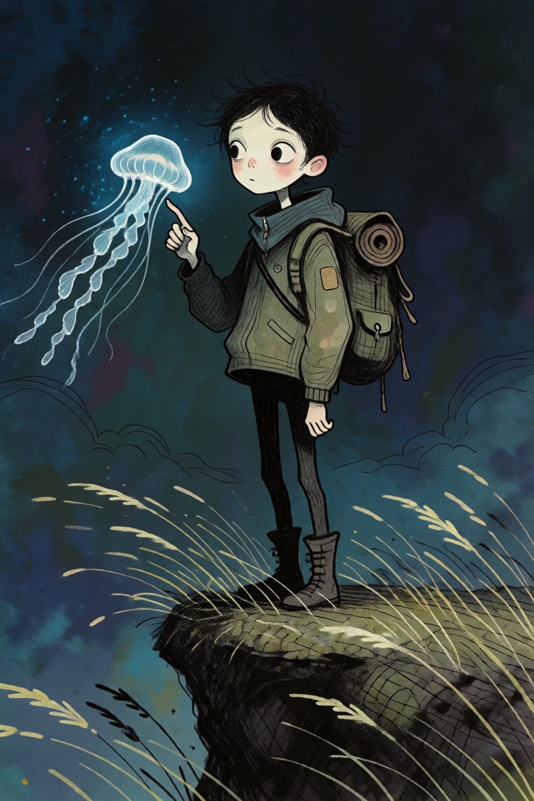 A solitary traveler standing on a windswept cliff,  gently holding out a finger as a tiny translucent jellyfish creature f...