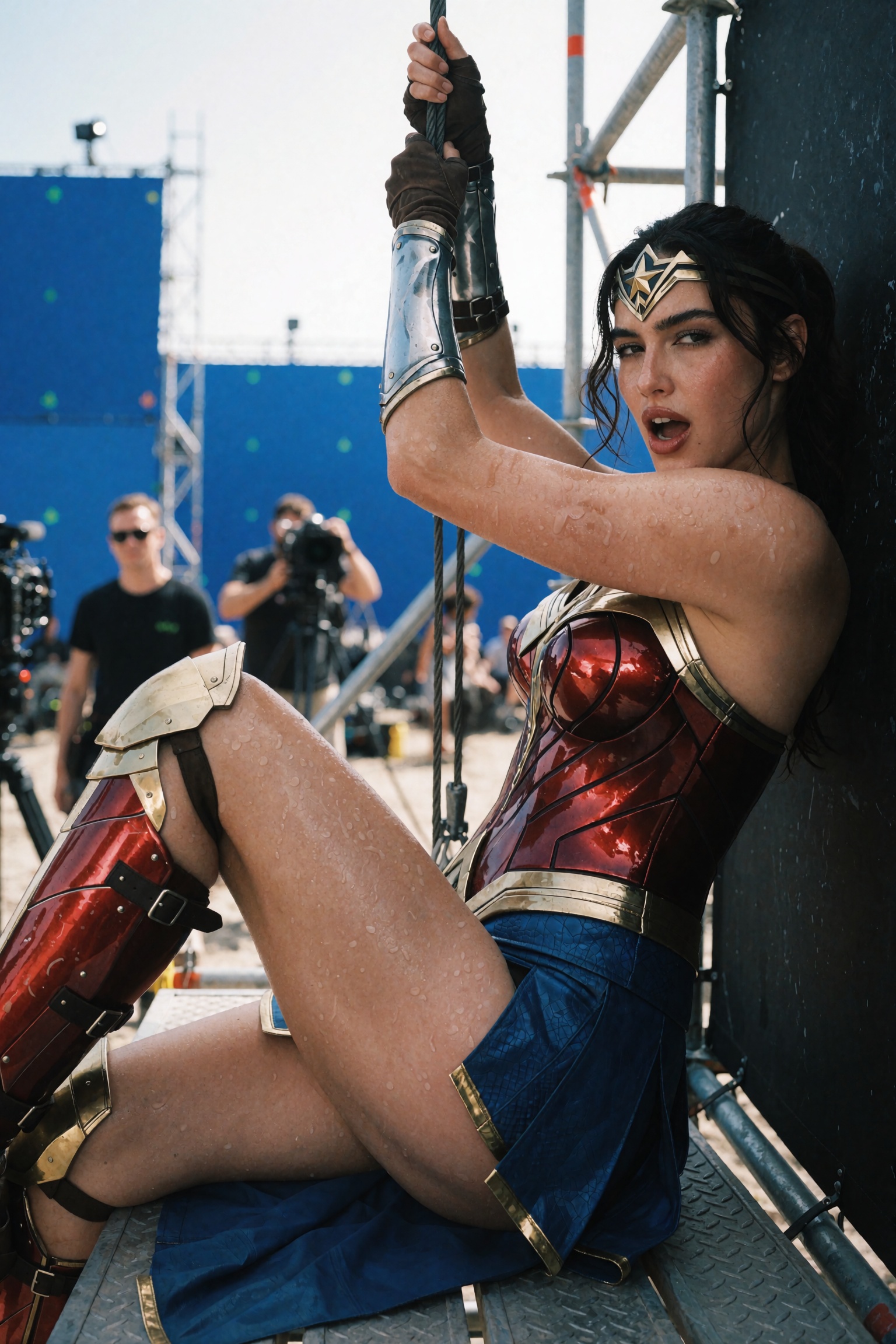 Candid documentary-style UGC behind-the-scenes smartphone snapshot of a woman in an Amazonian warrior superhero costume se...