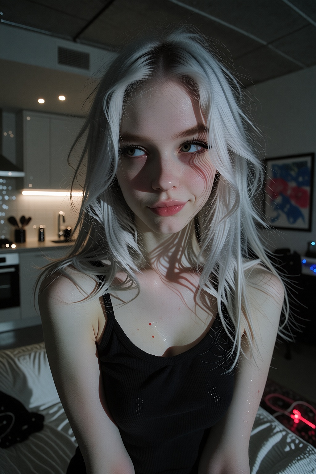 IvyFilmStyle. Dim light. barely enlight scene. A closeup shot photo of a 20 years old woman with long messy platinum hair...