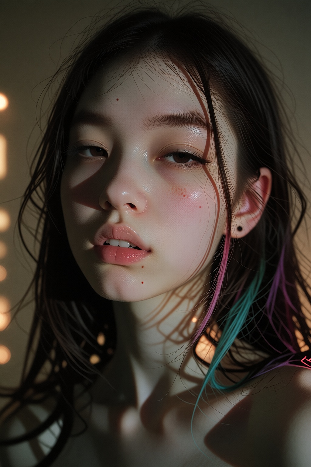 IvyFilmStyle. Dim light. barely enlight scene. a candid Close-up three-quarter portrait of a 22 years old Influencer asian...