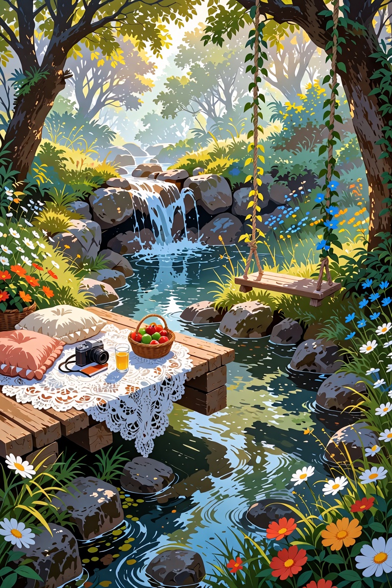 The image depicts a serene and lush forest scene with a small stream running through the center. The stream is surrounded...