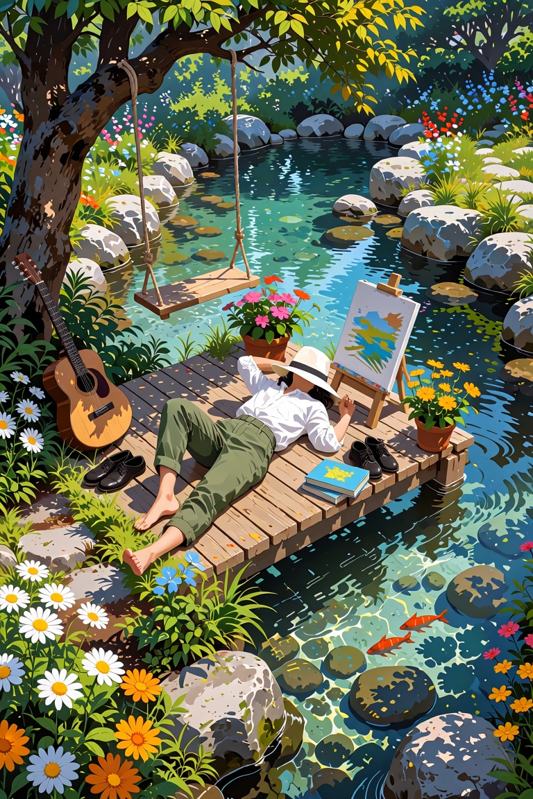 The image depicts a serene outdoor scene with a person lying on a wooden platform surrounded by a clear,  shallow stream....