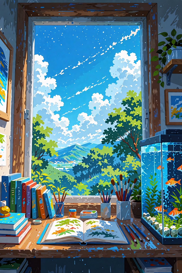 The image depicts a serene workspace with a large window overlooking a lush,  green landscape. The workspace is filled wit...