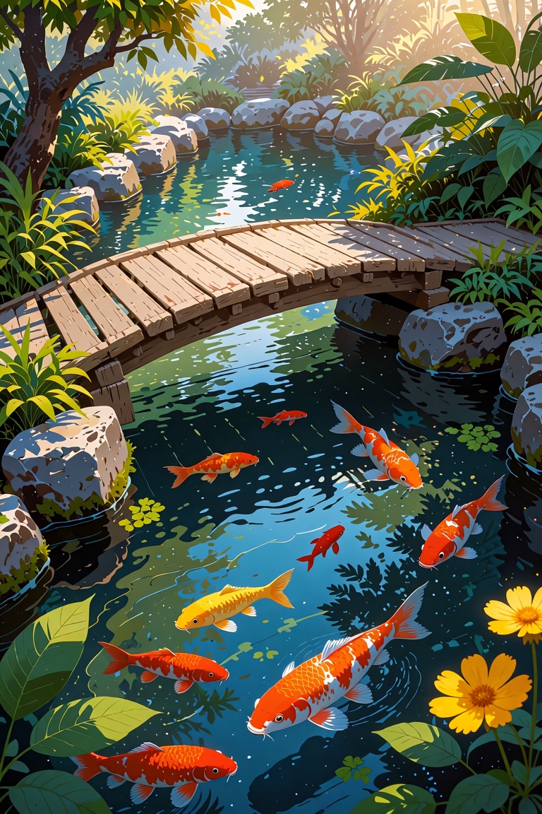 The image depicts a serene and vibrant scene of a koi pond surrounded by lush greenery. A wooden bridge arches gracefully...