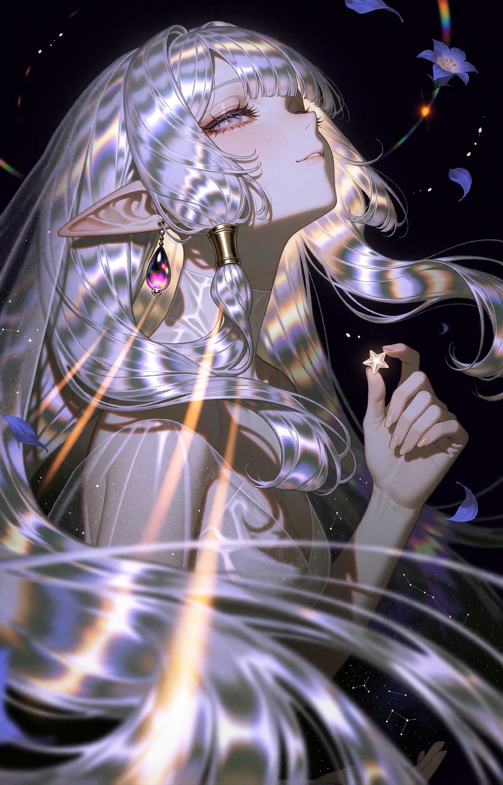 SUBJECT : An ethereal elf maiden floats in a boundless dark,  her body little more than an anchor for her hair. Pearlescen...