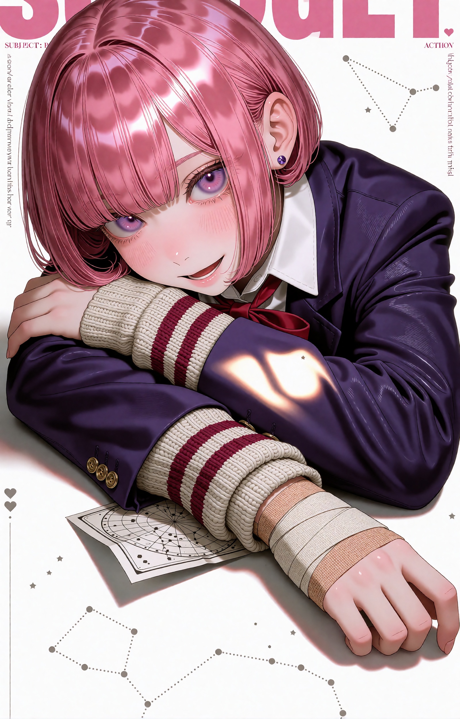 SUBJECT: A young woman with a glossy rose-pink bob rests her cheek on her crossed arms,  gazing straight out of the page w...