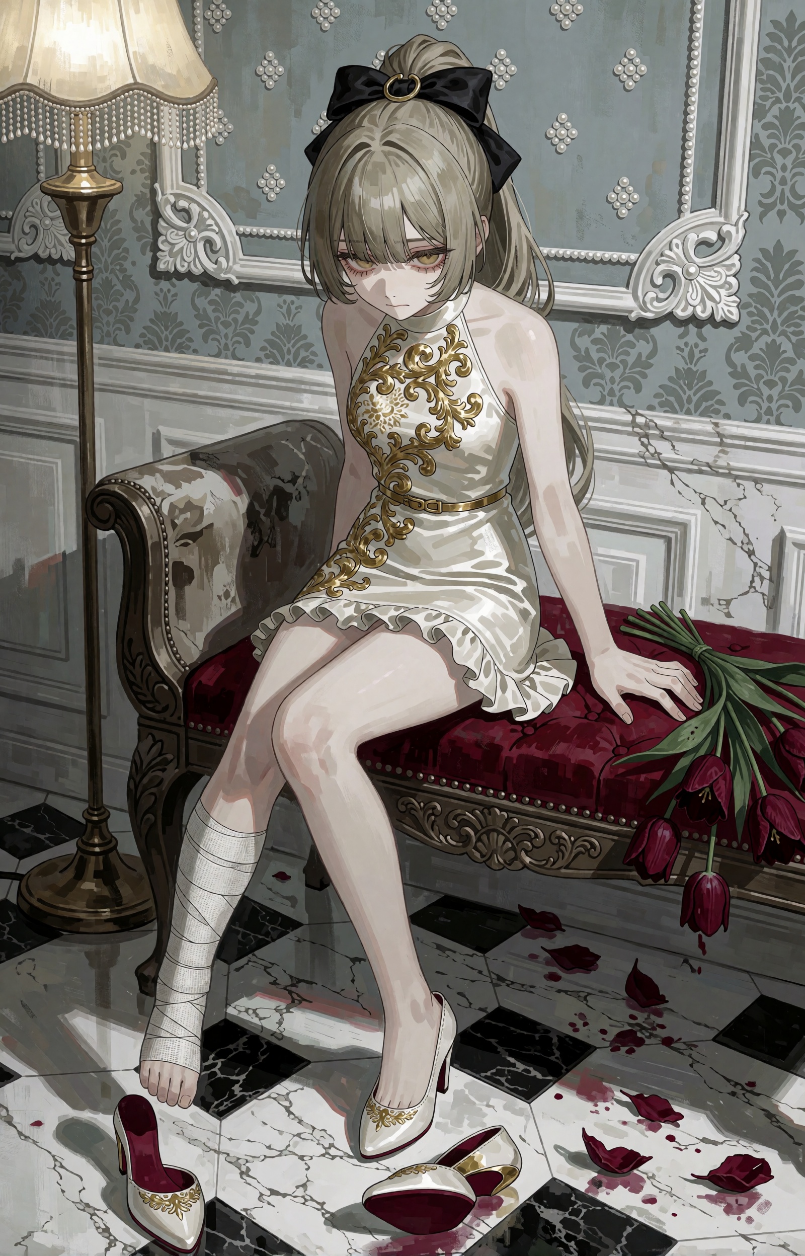 SUBJECT: A young woman of a fading house sits with the exhausted poise of someone who returned when she was not expected t...