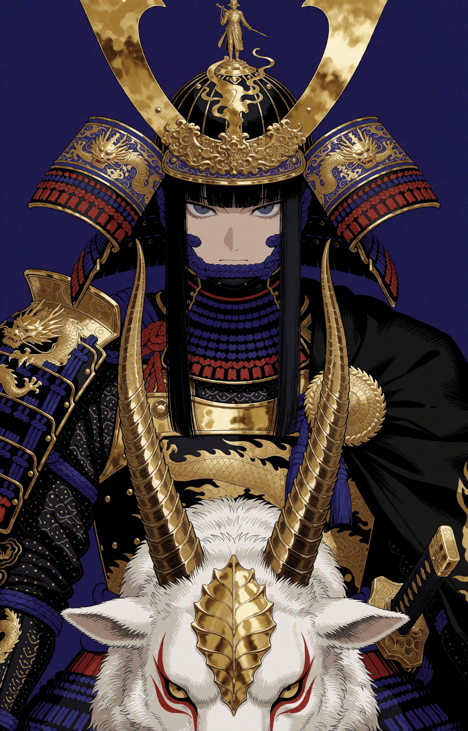 A stern-faced warrior with long straight black hair and blunt-cut bangs gazes forward with sharp blue-gray eyes,  crowned...